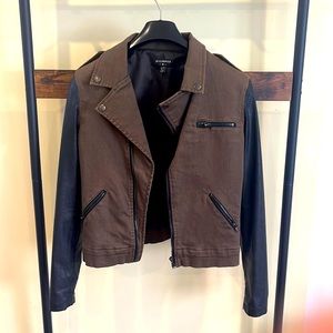 By Corpus Women Moto Jean Jacket Size XS Military Faux Leather Sleeves Casual